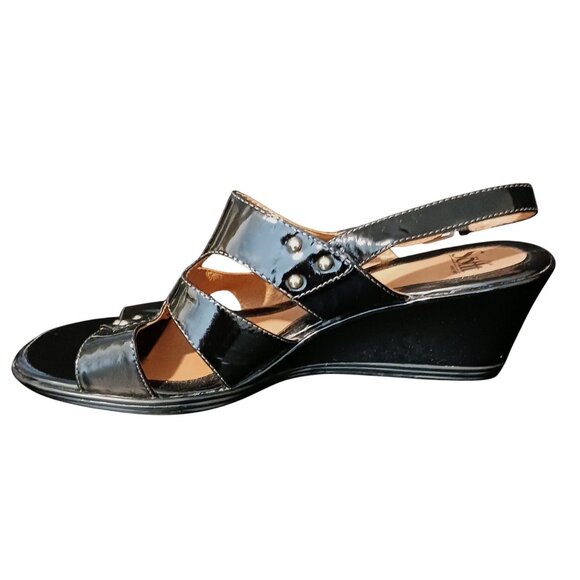 Sofft Black Patent Leather Studded Wedge Sandals Size 10 w/ Adjustable Strap - Picture 5 of 8